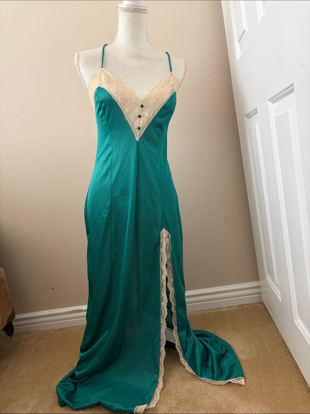 Vintage Unique jcpenney Teal Satin Slip dress with Cream Lace Accents